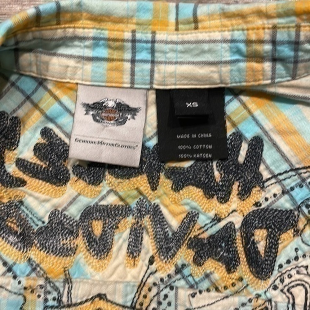 Harley Davidson capped sleeve white/blue/orange plaid embroidered logo top XS - Picture 7 of 13